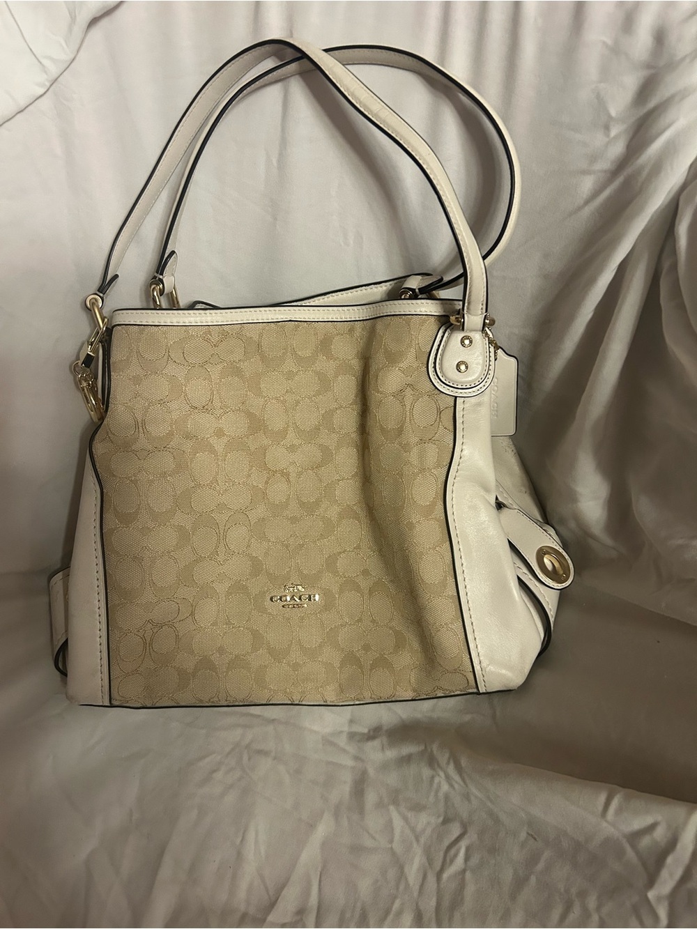 Coach Beige Signature Canvas with White Leather Shoulder Bag